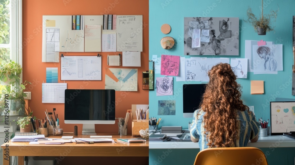 Aufkleber A vibrant workspace contrasts with a creative artistic display, showcasing productivity and inspiration in a dual arrangement. Generative AI