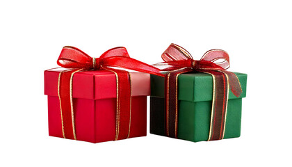 Obraz premium Two Beautifully Wrapped Christmas Presents Red and Green Gift Boxes with Bows