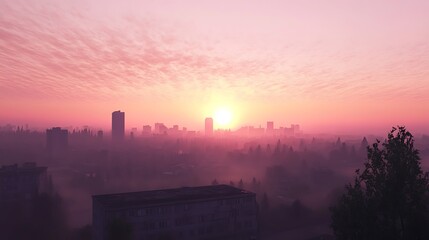 Fototapeta premium A serene sunrise over a city skyline, shrouded in mist and soft colors.