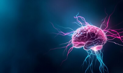 Colorful brain illustration with electric impulses on a dark background.
