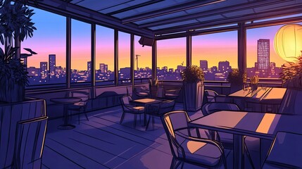 Fototapeta premium Rooftop Restaurant Cityscape Sunset View
