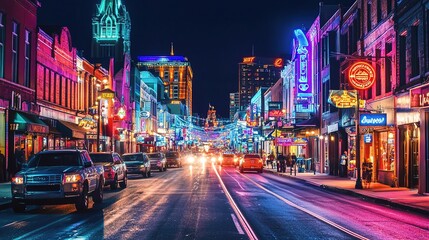 Vibrant Night Street Scene with Neon Lights in Busy City