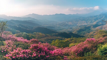 Stunning Mountain Panorama with Pink Rhododendron Blooms