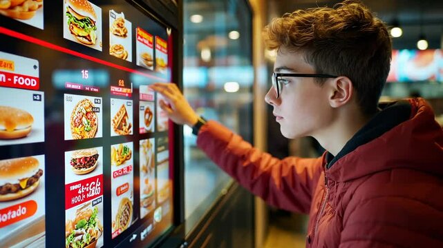 Young man navigates interactive fast food menu display in modern restaurant setting