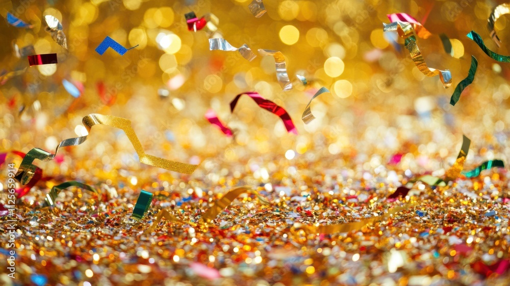 Poster falling confetti and curling ribbons in vibrant colors bring an exciting atmosphere, set against a s