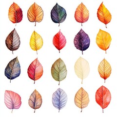 Twenty-four colorful autumn leaves, watercolor painted.