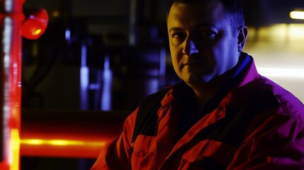 Fototapeta premium Man in a red and black jacket is standing in front of a red pipe