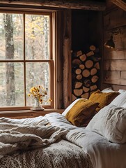 Cozy Small Cabin Bedroom with Woolen Blankets and Scenic View
