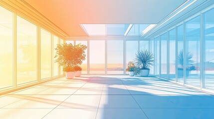 Fototapeta premium Modern Glass Conservatory With Potted Plants And Ocean View
