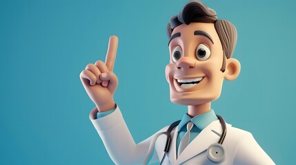 A friendly cartoon doctor in a white coat and stethoscope points with his finger with a big smile against a light blue background.