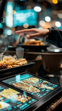 Interactive ordering at modern kiosk with touchscreen display in a busy food court