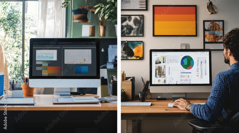 Fototapete One side features a minimalist workspace with graphs, while the other showcases an artistic environment filled with colorful displays. Generative AI