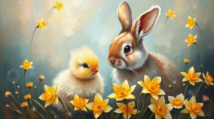 Fototapeta premium Bunny and chick with daffodils, vibrant Easter scene, dreamlike atmosphere