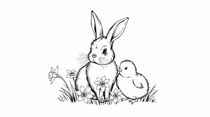 Black and white sketch of bunny and chick with daffodils, elegant style