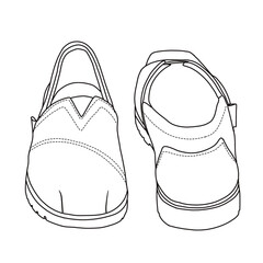 Women's Slip On Loafers Flat Shoes Line art, Technical sketch hand drawing outline vector doodle front and rear view isolated on white background for coloring page