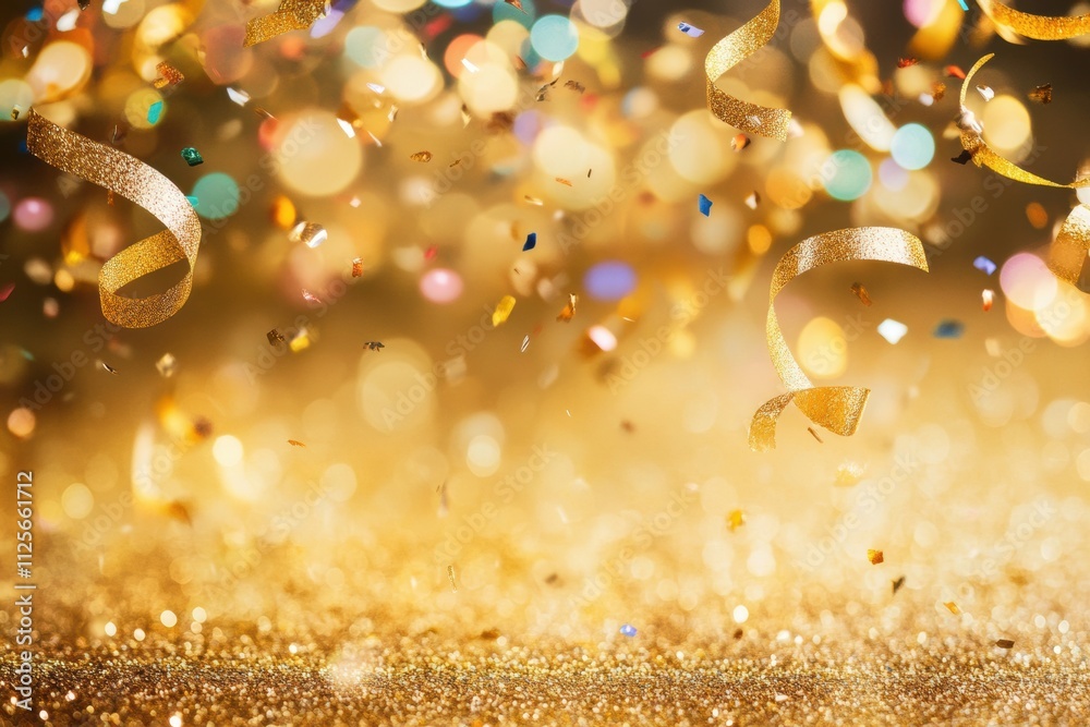 Poster falling confetti and curling ribbons create a vibrant atmosphere against a shimmering golden backgro