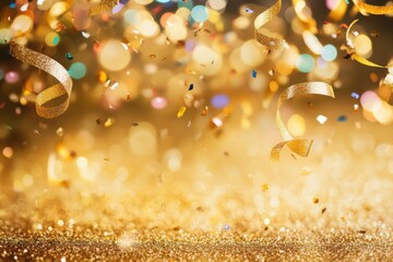 Falling confetti and curling ribbons create a vibrant atmosphere against a shimmering golden background, perfect for New Year celebrations. Generative AI