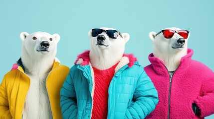 Fototapeta premium Group of three anthropomorphic polar bears with sunglasses and colorful winter clothing isolated on light blue background