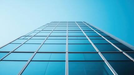 Obraz premium A modern skyscraper viewed from below, showcasing its glass facade against a clear sky.