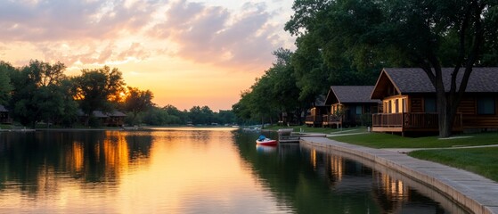 Fototapeta premium Scenic lakeside view with cabins at sunset.