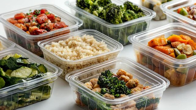 Colorful meal prep containers showcase healthy weekly lunch variety