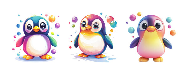 Fototapeta premium Colorful Cartoon Penguins with Bubbles on Transparent Background