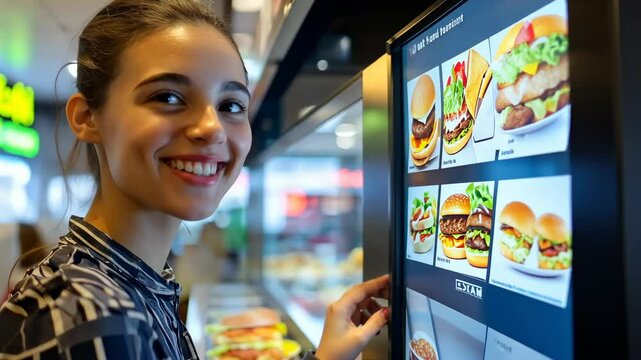 Woman interacts with digital menu kiosk in modern fast food restaurant