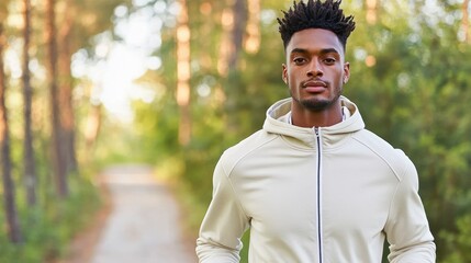 Obraz premium Attractive person and beauty poise, A young man in a light jacket stands confidently on a forest path, surrounded by greenery, suggesting outdoor activity and fitness.