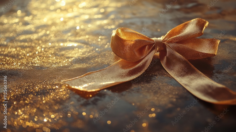 Poster A beautiful golden ribbon forms an elegant bow on a sparkling surface, creating a perfect festive atmosphere for New Year celebrations. Generative AI