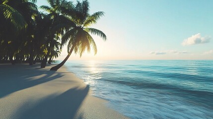 Naklejka premium Tranquil Tropical Beach Paradise with Palm Trees and Gentle Waves