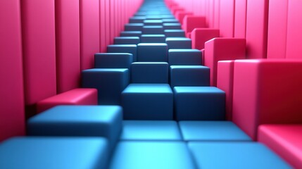 Abstract 3D rendering of pink and blue cubes forming a converging pathway.
