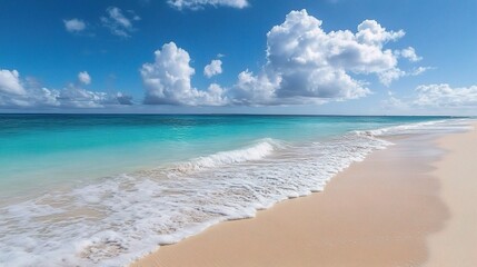 Fototapeta premium Soft Minimalist Beach Scene with Calm Waves and Clear Blue Sky
