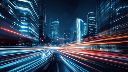 Blurred Night Street Scene with Moving Car Lights in City