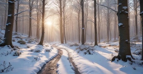 Snowy forest landscape with a winding path under soft sunlight filtering through the trees, peaceful, sunlit, serene