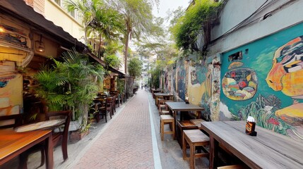 Haji lane without people. The Haji Lane is the short street within Kampong Glam district in Singapore where there are full of restaurants, cafes and interesting shops
