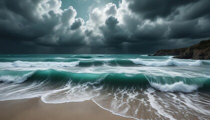 Teal ocean waves on a stormy beach with dark clouds, geographical features, geological formations