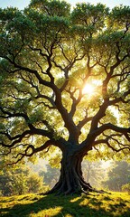 Fototapeta premium Tree with sprawling branches and lush foliage bathed in warm sunlight filtering through the leaves, outdoor, forest