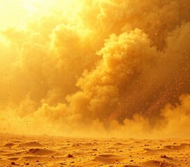 Yellow sandy particles suspended in air as a massive dust storm looms on the horizon, yellow sand, dust storm, desert landscape