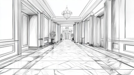 Architectural Sketch of an Elegant Grand Hallway