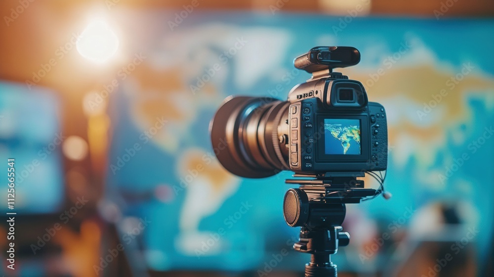 Poster an interview is being recorded in a modern television studio, highlighting media technologies and of