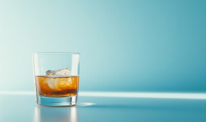 A glass of whiskey with ice on a light blue background.