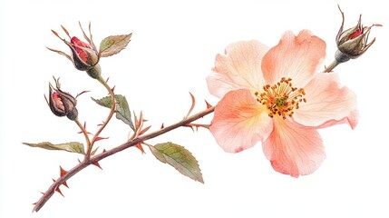 Obraz premium Delicate Peach Rose Blossom With Buds And Thorns