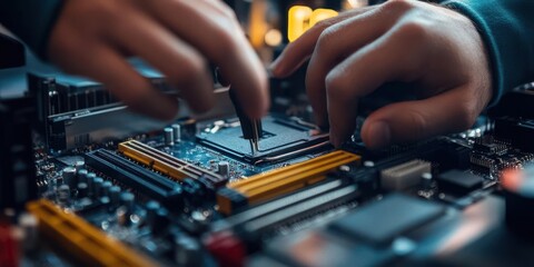 A person assembling a computer motherboard with precision tools.