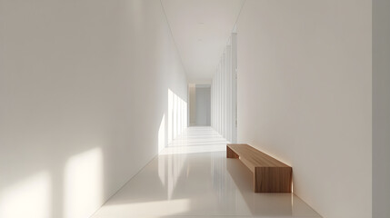 Obraz premium A long, narrow hallway in a sleek white design, featuring a simple wooden bench for a minimalist aesthetic