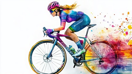 Fototapeta premium Colorful Watercolor Painting Of A Female Cyclist Riding A Bike