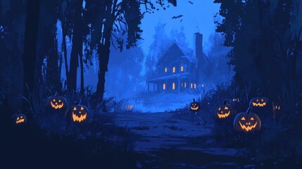 Halloween illustration of spooky pumpkins lighting the way along a creepy path to a haunted old house jack o lanterns in the forest desktop pc wallpaper