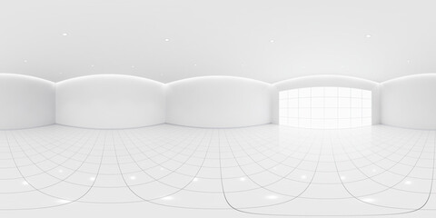3d rendering of 360 degree panorama of white empty space room. Include tile floor, wall, ceiling, light of window. Modern interior home design look clean, bright, shiny surface for background. © DifferR