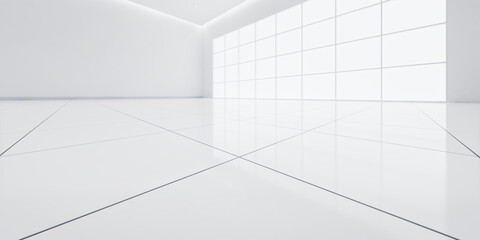 3d rendering of close up white tile floor in perspective view, empty space in room, window and light. Modern interior home design look clean, bright, shiny surface with texture pattern for background.