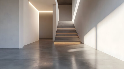 Obraz premium A minimalist hallway featuring polished concrete floors, white walls, and soft downlighting for a sleek industria