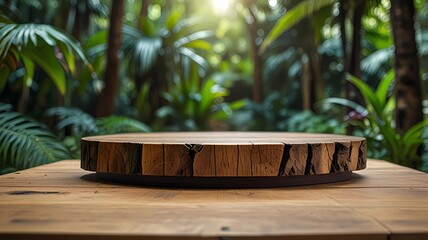 Wood tabletop podium floor in outdoors tropical garden forest blurred green leaf plant nature background.Natural product placement pedestal stand display,jungle paradise concept.
